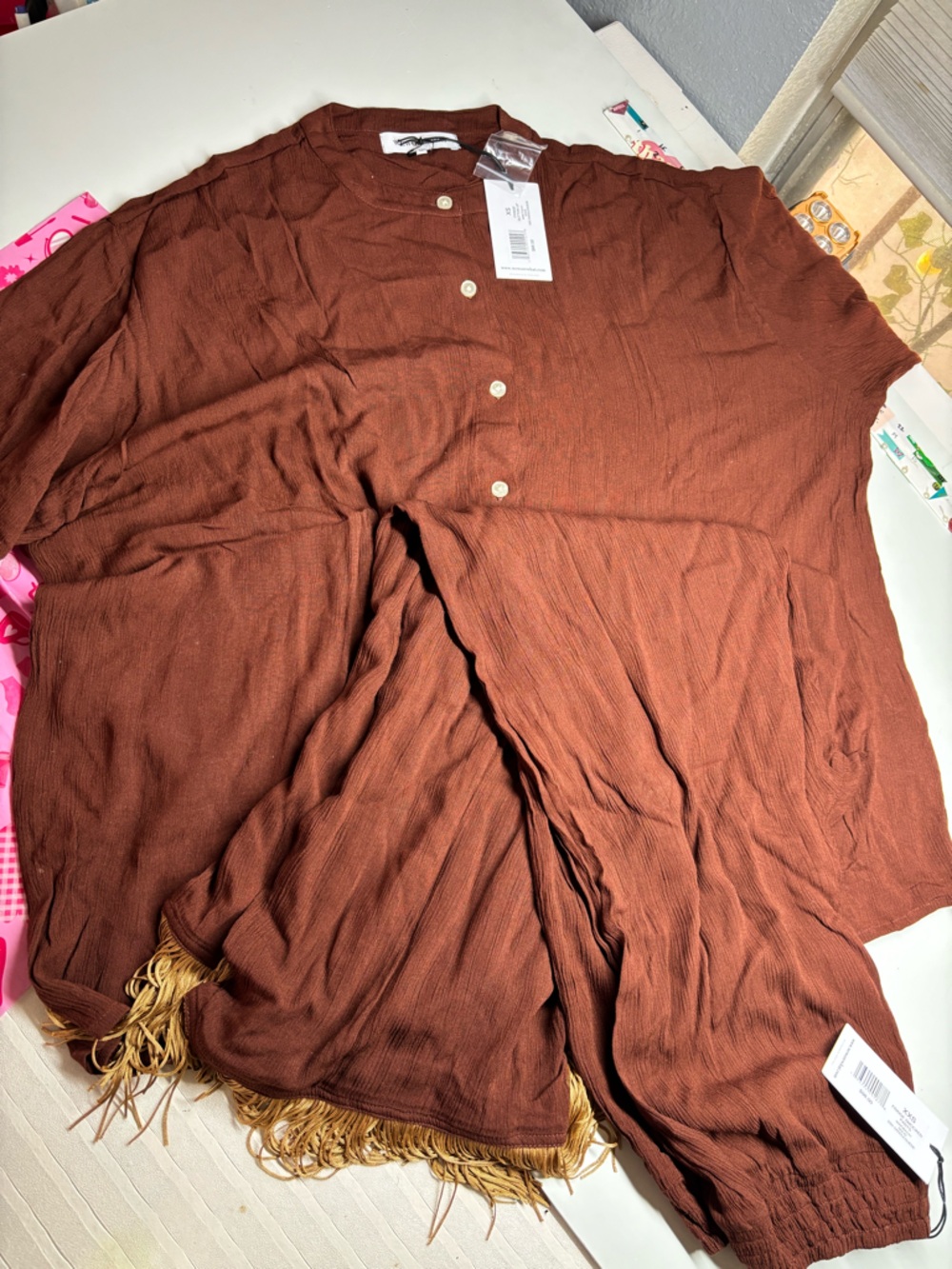 NWT WeWoreWhat Fringe Smocked Pants Saddle Brown XXS Boho set